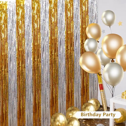 BEISHIDA Gold Silver Door Streamers Backdrop Foil Fringe Tinsel Party Streamers Curtains Photo Backdrop - 2Pcs for Birthday Graduation Bachelorette Party Decoations - color: 05-gold silver