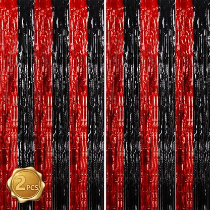 BEISHIDA Red Black Door Streamers Backdrop Foil Fringe Tinsel Party Streamers Curtains Photo Backdrop - 2Pcs for Birthday Graduation Bachelorette Halloween New Year Party Decoations - color: 05-red black