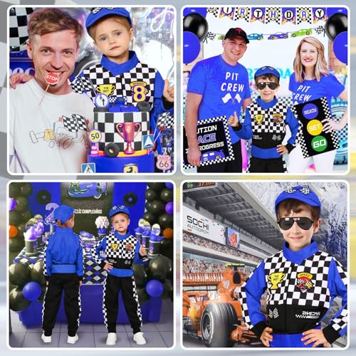 Latocos Kids Race Car Driver Costume Boys Girls Racer Jumpsuit With Car Cap Sunglasses Kids Dress Up Role Play for Halloween - color: Blue, size: S(5-7)