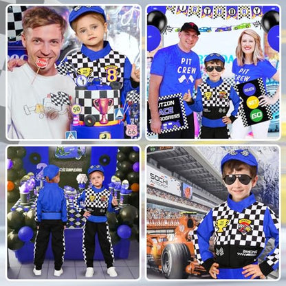 Latocos Kids Race Car Driver Costume Boys Girls Racer Jumpsuit With Car Cap Sunglasses Kids Dress Up Role Play for Halloween - color: Blue, size: S(5-7)