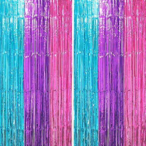 Voircoloria Blue Purple Pink Fringe Backdrop Curtains,3.3x6.6ft, 2 Pack - color: Blue Pink and Purple