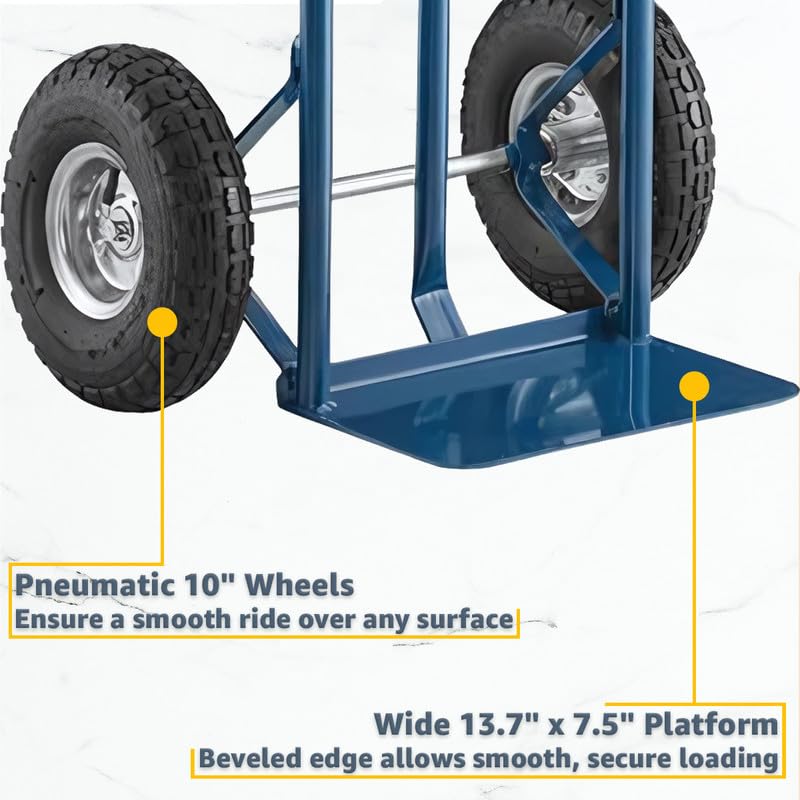 Heavy-Duty Commercial 600 lb Hand Truck Dolly with 10" Pneumatic Wheels, Steel Cart with Handle and Toe Plate, Ideal for Warehouse, Moving, Delivery, Blue - color: Blue, size: 600lb.