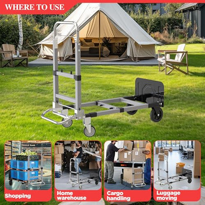 Suzhi Foldable Hand Truck Moving Dolly Cart with 4 Wheels, 500 Lbs Load,2 Straps, Pre-Assembled, Save Room, Easy Folding Dolly for Furniture, Appliances, Boxes, Warehouse & Office Transport - color: Silver