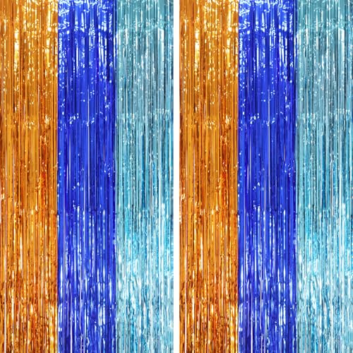 Voircoloria Blue Orange Foil Fringe Backdrop Curtains,3.3x6.6ft, 2 Pack - color: Blue Orange