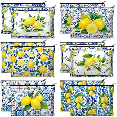 Reginary 12 Pcs Italian Gifts Lemon Makeup Bags Amalfi Coast Cosmetics Bags | Italy Travel Souvenir, Lemon Travel Pouches for Women Girls, Bachelorette Friend Birthday Gifts - style: Amalfi Coast Lemon