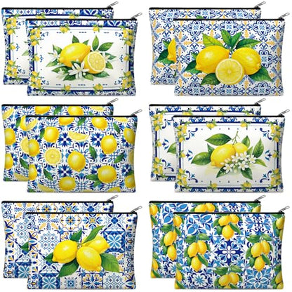 Reginary 12 Pcs Italian Gifts Lemon Makeup Bags Amalfi Coast Cosmetics Bags | Italy Travel Souvenir, Lemon Travel Pouches for Women Girls, Bachelorette Friend Birthday Gifts - style: Amalfi Coast Lemon