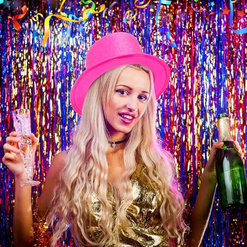 Hillban 12 Pack Hot Pink Top Hats Party Shiny Plastic Glitter Sequin Hat Disco Costume Accessories Bulk for Glow Wedding Party Supplies Magician Carnival Celebration Birthday Valentines - color: Hot Pink, style: Classic