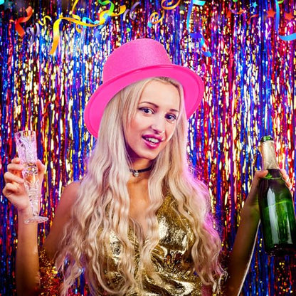 Hillban 12 Pack Hot Pink Top Hats Party Shiny Plastic Glitter Sequin Hat Disco Costume Accessories Bulk for Glow Wedding Party Supplies Magician Carnival Celebration Birthday Valentines - color: Hot Pink, style: Classic