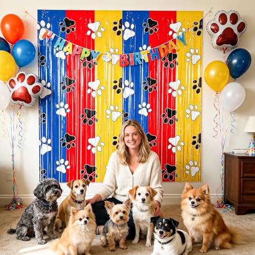 Paw Print Foil Fringe Curtains Backdrop | 2-Pack 3.3x6.6FT Dog Paw Tinsel Backdrop, Pet Streamer Birthday, Puppy Party, Baby Shower, Pet Party & Family Celebration - color: Red Blue Yellow