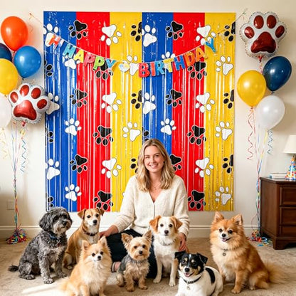 Paw Print Foil Fringe Curtains Backdrop | 2-Pack 3.3x6.6FT Dog Paw Tinsel Backdrop, Pet Streamer Birthday, Puppy Party, Baby Shower, Pet Party & Family Celebration - color: Red Blue Yellow