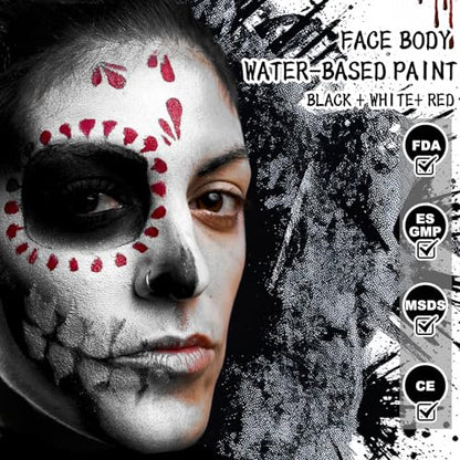 COVACURE Face Painting Kit, Black, Red & White Professional Water-based Halloween Makeup Kit with 3 Sponges & 3 Brushes for Halloween Clown Makeup, Cosplay, Costume, SFX Special Effect, Theme Parties