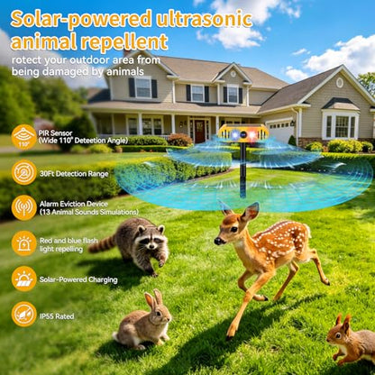 Solar Ultrasonic Animal Repellent -Cat Repellent Outdoor with 13 Predator Sounds & Strobe Lights for Dog Deer Raccoon Squirrels 2-in-1 Stake or Wall Mount for Yard Garden Farm & Patio