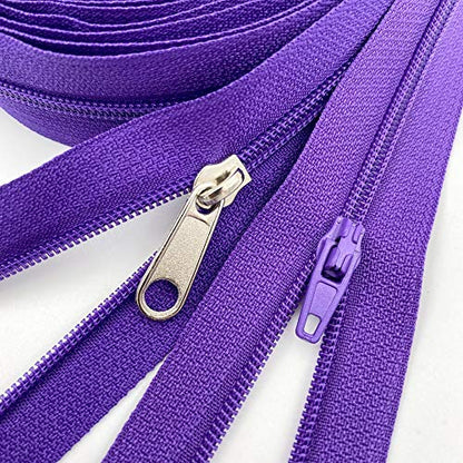10Yards Bulk Zippers #3 Nylon Coil Zippers by The Yard with 15pcs Auto-Lock Zipper Sliders and 10pcs Silver Pulls for Sewing Crafts Bages(#3 Dark Purple) - color: Dark Purple