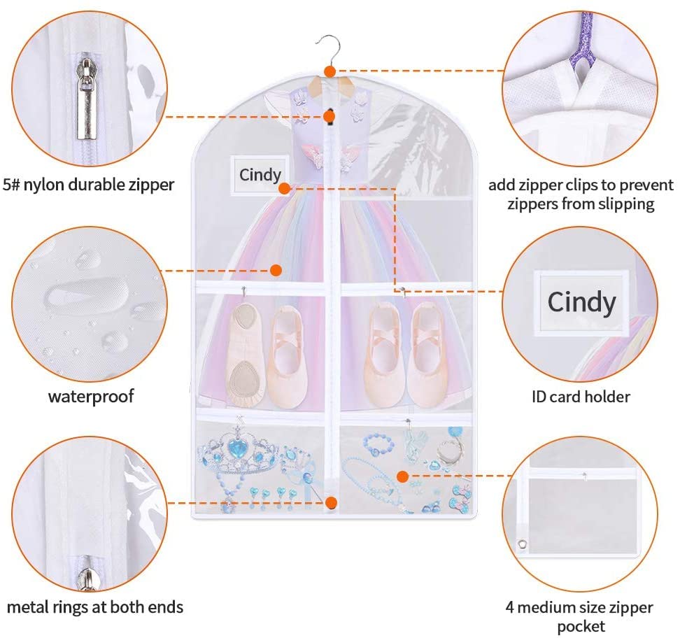 50 Inch Clear Garment Bags for Hanging Clothes (3 Pack), Extra Long Dance Costume Bags with 4 Zipper Pockets for Gowns, Lyrical Dresses & Pageant Competitions, Waterproof PVC Travel Carrier - size: 50"