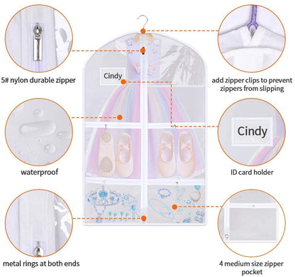 50 Inch Clear Garment Bags for Hanging Clothes (3 Pack), Extra Long Dance Costume Bags with 4 Zipper Pockets for Gowns, Lyrical Dresses & Pageant Competitions, Waterproof PVC Travel Carrier - size: 50"