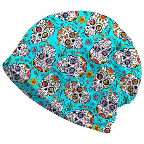 Art Owl Women's Slouchy Beanie Hat Cute Turban Hats Cancer Headwear Caps Baggy Skull Sleep Scarf - color: Blue Floral Skull