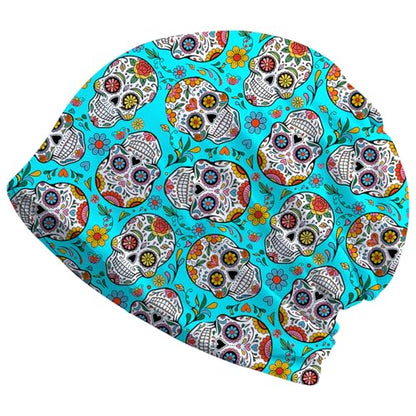 Art Owl Women's Slouchy Beanie Hat Cute Turban Hats Cancer Headwear Caps Baggy Skull Sleep Scarf - color: Blue Floral Skull