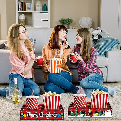 32pcs Christmas Party Supplies Movie Night Snack Trays Hold Popcorn Candy Food Drink, Merry Christmas Movie Theater Popcorn Holder Decorations for Kid's Birthday Party Concession Stand Family - style: Christmas Movie Night
