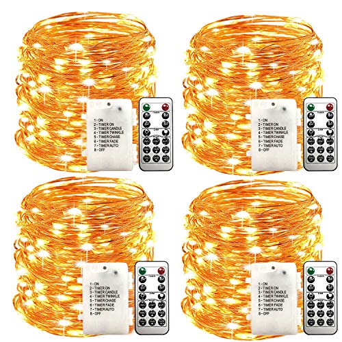 WSgift 4 Pack 33Ft 100 Warm White Led Fairy Lights Battery Operated with Remote Control Timer Waterproof Silver Copper Wire Twinkle Lights - color: 4 pack 33 Ft 100 LED Warm white