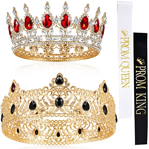 4 Pcs Prom King Queen Crowns Gold, M, Red Diamond | Gold Tiaras with AB Diamond Stones, Sashes Included, Royalty Crowns for Homecoming Birthday Halloween Wedding Party Costume - color: Red Diamond