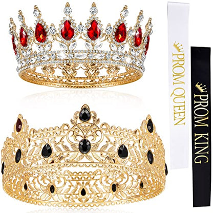 4 Pcs Prom King Queen Crowns Gold, M, Red Diamond | Gold Tiaras with AB Diamond Stones, Sashes Included, Royalty Crowns for Homecoming Birthday Halloween Wedding Party Costume - color: Red Diamond