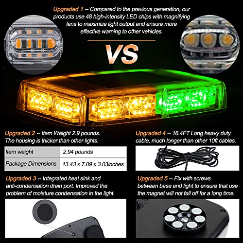 ASPL 48LED Roof Top Strobe Lights, High Visibility Emergency Safety Warning LED Mini Strobe Light bar with Magnetic Base for 12-24V Snow Plow, Trucks, Construction Vehicles (Amber/Green) - color: Amber/Green