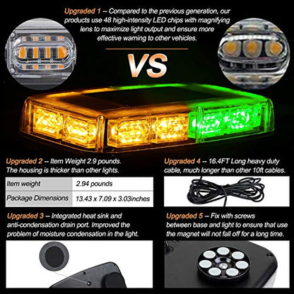 ASPL 48LED Roof Top Strobe Lights, High Visibility Emergency Safety Warning LED Mini Strobe Light bar with Magnetic Base for 12-24V Snow Plow, Trucks, Construction Vehicles (Amber/Green) - color: Amber/Green