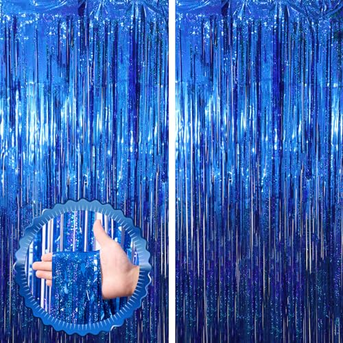 Voircoloria Laser Blue Foil Fringe Backdrop Curtains,3.3x6.6ft, 2 Pack - color: Blue