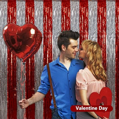 BEISHIDA Red Silver Door Streamers Backdrop Foil Fringe Tinsel Party Streamers Curtains Photo Backdrop - 2Pcs for Valentine's Day Birthday Graduation Christmas Party Decoations - color: 05-red silver