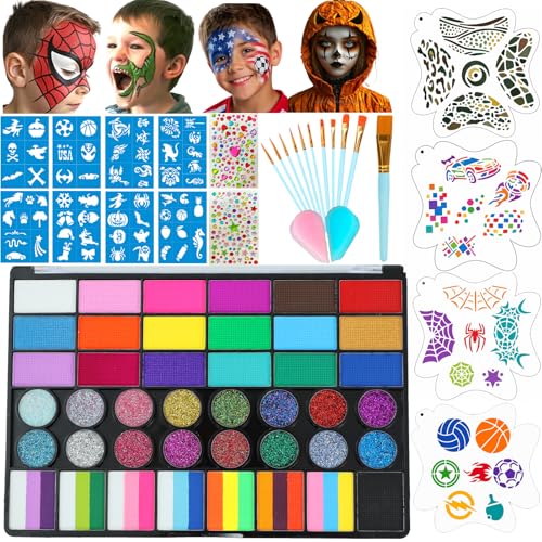 Face Painting Kit , 42 Colors Professional Face Paint Makeup Kit Non-Toxic Water Activated Facepaint Palette with Brush, Stencil, Sponge, Gem, for Party Halloween (42 Colors kit for Boys) - color: 42 Colors for Boys
