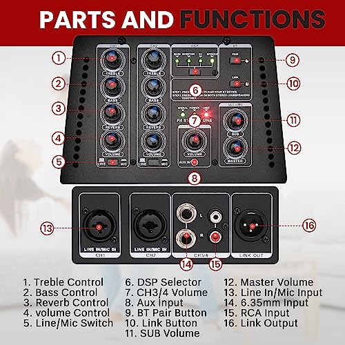 Pyle Portable PA System, 10" Subwoofer, 8x3 Column Drivers, Bluetooth Streaming, DSP EQ, 1600W Speaker System for Live Events, DJ Setup, and Sound Reinforcement