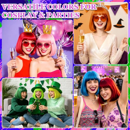 Purple Short Bob Straight Hair Wigs with Bangs, 11inch Synthetic Fiber Colorful Hair, Neon Heart-shaped Sunglasses and Wig Cap for Women, 80s 90s Costume, Halloween, Dress Up - color: Purple