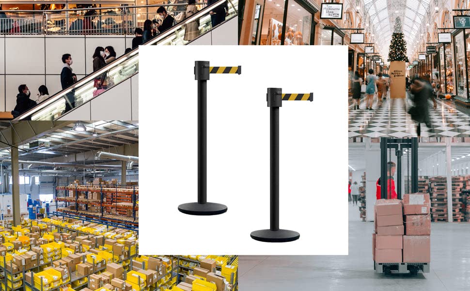 Montour Line MI760 Retractable Belt Barrier Stanchions, Set of 2 | 35 Ft Black and Red Diagonal Belt, Black Powder Coated Post and Cast Iron Base - color: Black and Red Diagonal, size: Black Powder Coated