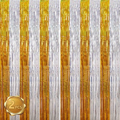 BEISHIDA Gold Silver Door Streamers Backdrop Foil Fringe Tinsel Party Streamers Curtains Photo Backdrop - 2Pcs for Birthday Graduation Bachelorette Party Decoations - color: 05-gold silver