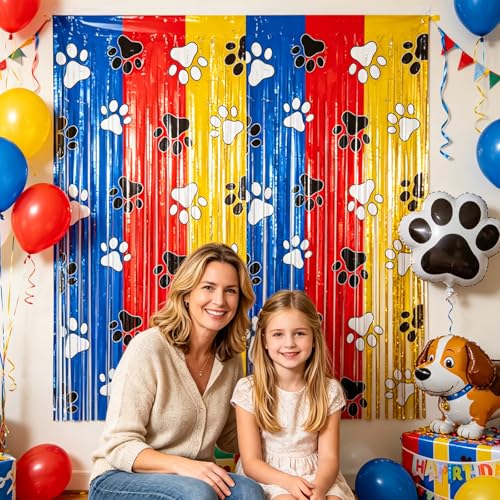 Paw Print Foil Fringe Curtains Backdrop | 2-Pack 3.3x6.6FT Dog Paw Tinsel Backdrop, Pet Streamer Birthday, Puppy Party, Baby Shower, Pet Party & Family Celebration - color: Red Blue Yellow