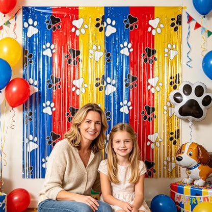 Paw Print Foil Fringe Curtains Backdrop | 2-Pack 3.3x6.6FT Dog Paw Tinsel Backdrop, Pet Streamer Birthday, Puppy Party, Baby Shower, Pet Party & Family Celebration - color: Red Blue Yellow