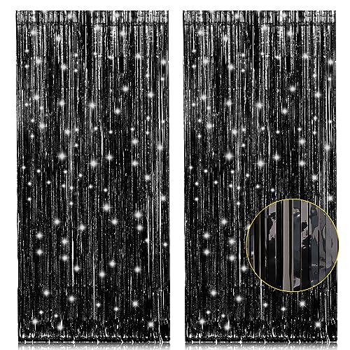 PIGETALE 2 Pack Black Foil Fringe Backdrop, 3.2 x 8.2 ft | Thicker 23 Micron PET with Vivid Black Shine for Doors Walls and Party Photo Areas - color: Black