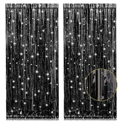 PIGETALE 2 Pack Black Foil Fringe Backdrop, 3.2 x 8.2 ft | Thicker 23 Micron PET with Vivid Black Shine for Doors Walls and Party Photo Areas - color: Black