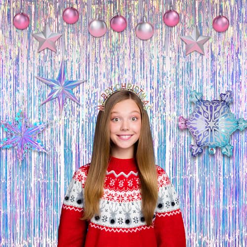 Iridescent Party Streamers Backdrop - GREATRIL Neon Transparent Holographic Tinsel Foil Fringe Curtain for Mermaid/Frozen/Sea/Euphoria/ERAS Party Theme Decorations 3.2ft x 6.5ft 2 PCS | GREATRIL Neon Transparent Holographic Tinsel Foil Fringe Curtain for