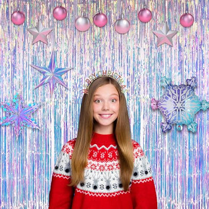 Iridescent Party Streamers Backdrop - GREATRIL Neon Transparent Holographic Tinsel Foil Fringe Curtain for Mermaid/Frozen/Sea/Euphoria/ERAS Party Theme Decorations 3.2ft x 6.5ft 2 PCS | GREATRIL Neon Transparent Holographic Tinsel Foil Fringe Curtain for