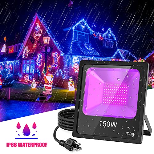 150W LED Black Light with Glow Tapes, 410nm UV Flood Lights with 10ft Cable & Plug, IP66 Waterproof, for Halloween Glow Party, Stage, Aquarium, Body Paint, Fluorescent Poster, 120V