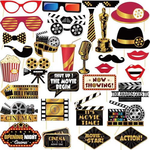 32Pcs Hollywood Photo Booth Props Kit, Movie Night Theater Red Carpet Cutouts Launch Oscars Cards Table Toppers Birthday Party Favors Supplies Large Size