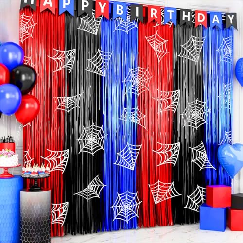 2 Pack Foil Curtain Backdrop, Spider Web Theme Tinsel Fringe Curtains Red Black Blue, Metallic Photo Booth Backdrop Streamers for Birthday Party Decorations Holiday Celebration Supplies