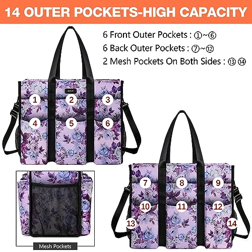 IBFUN Utility Tote Bag with 24 Pockets, Large Teacher Travel Tote for Women - color: B8-l-pruple Flower, size: Large