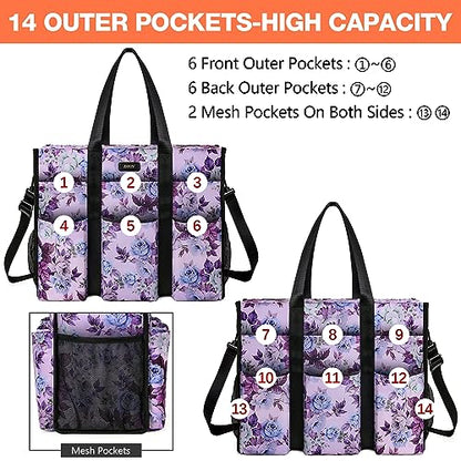 IBFUN Utility Tote Bag with 24 Pockets, Large Teacher Travel Tote for Women - color: B8-l-pruple Flower, size: Large