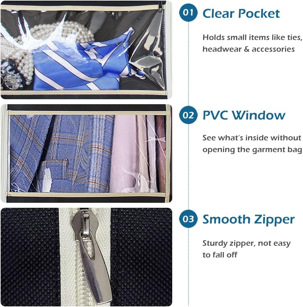 MISSLO Gusseted 60" Suit Dress Garment Bag with Clear Window Zipper Pocket Long Garment Cover (Black) - size: 60 inch