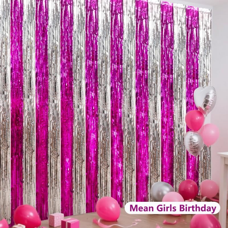 BEISHIDA Hot Pink Silver Door Streamers Backdrop Foil Fringe Tinsel Party Streamers Curtains Photo Backdrop - 2Pcs for Girl Birthday Valentines Graduation Bachelorette Party Decoations - color: 05-hot pink silver